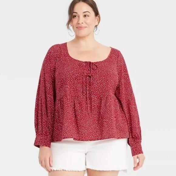 Ava & Viv Tops - Ava & Viv Women’s Size 2X Red & White Babydoll Long Sleeve Blouse